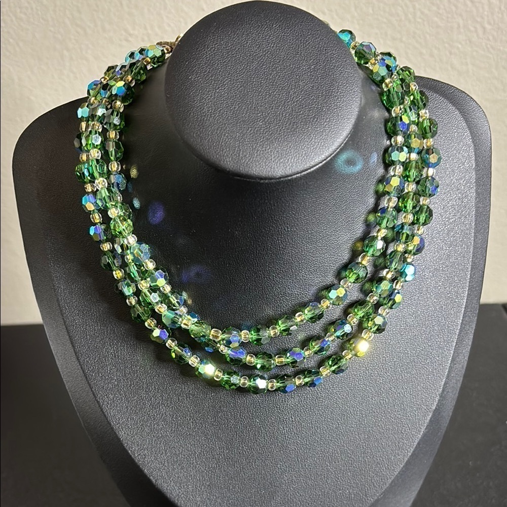 Vintage AB Aurora Borealis Green Beaded Layered Old Money Necklace